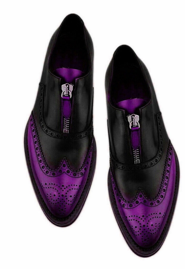 Two Tone Handmade Black and Purple Wingtip Brogue Genuine Leather Zipper Shoes