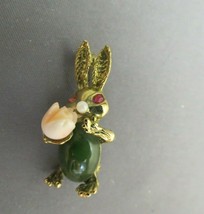 Bunny Rabbit Brooch Angel Skin Coral Flower Jade Green Belly Gold Plated 1.25" - $39.59