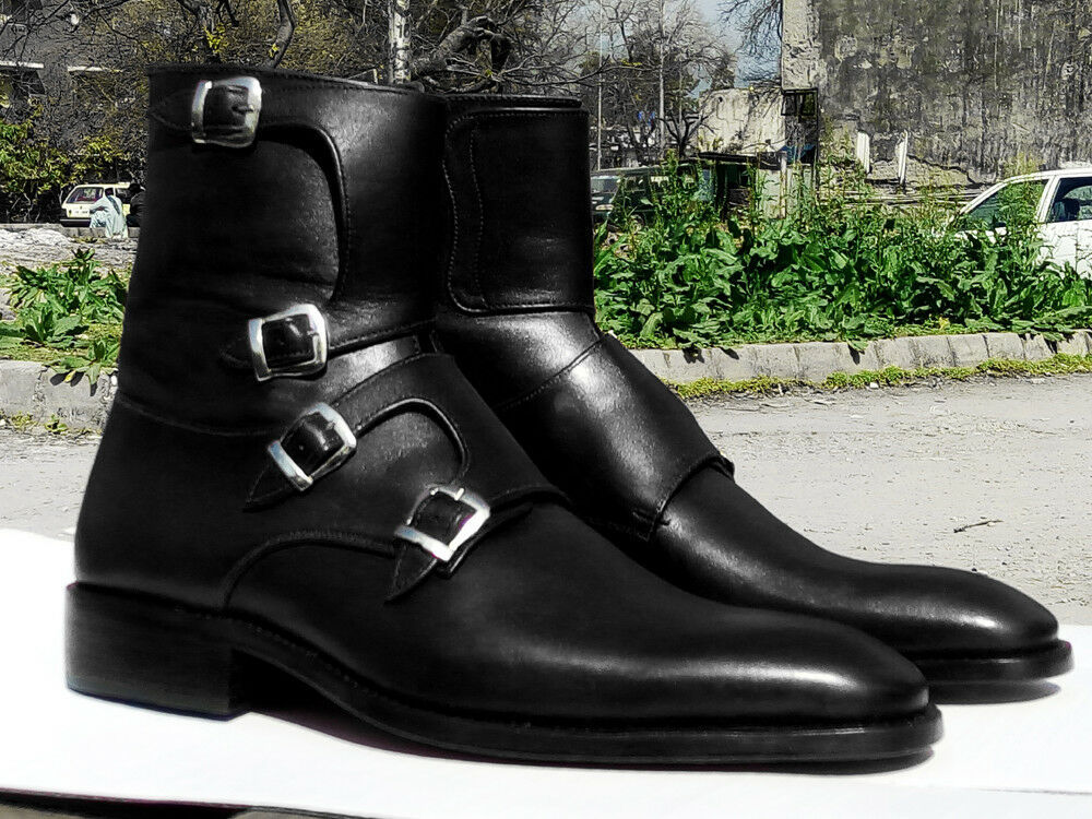 Tetra Monks Buckle Strap Black High Ankle Rounded Toe Real Leather Boots US 7-16