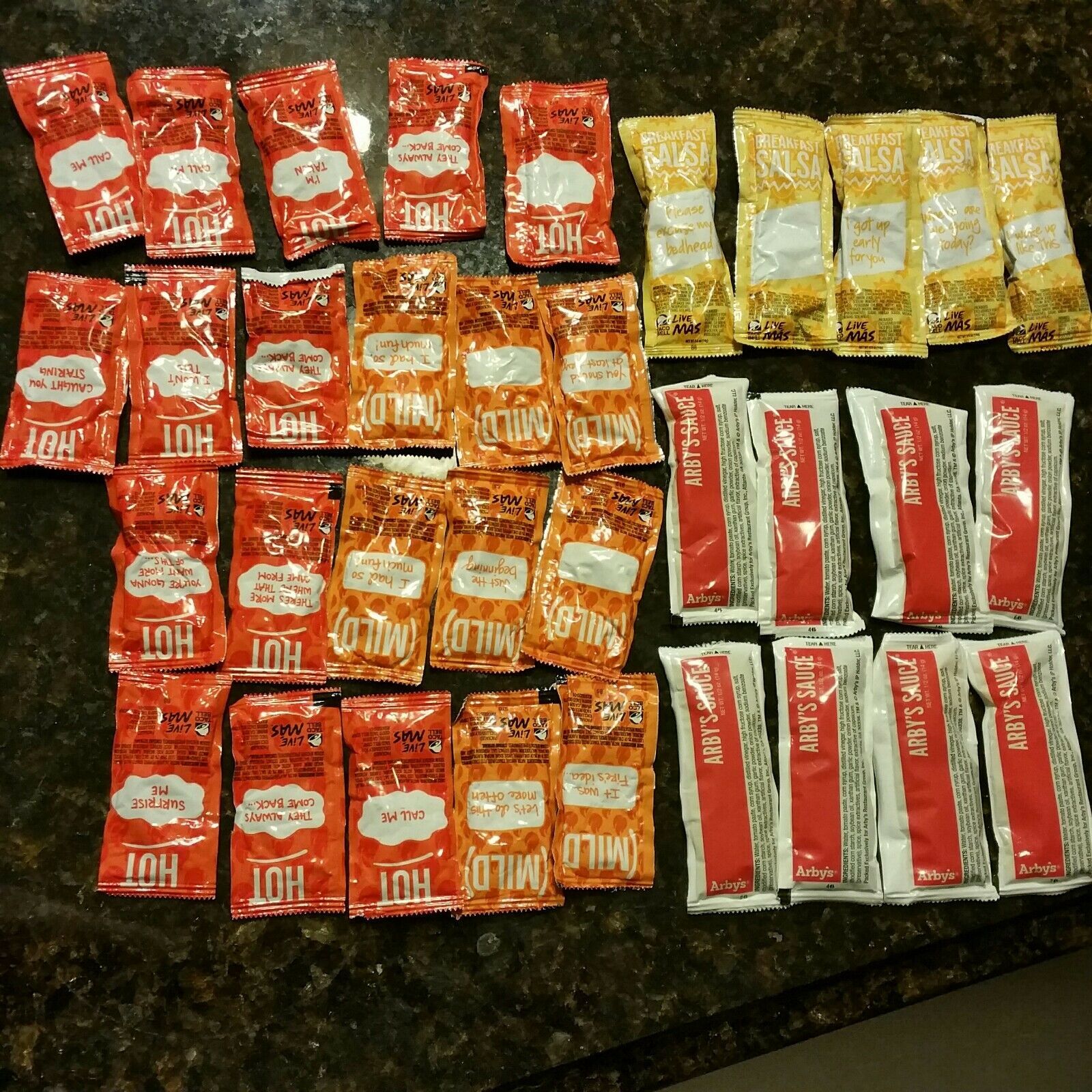 NEW Taco Bell Sauce Mild Hot Arbys Breakfast Salsa Packets Assortment