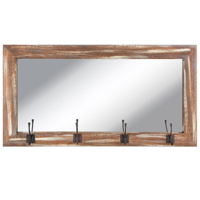 Distressed Wood Wall Mirror With Hooks Rustic Barnwood Entryway Coat