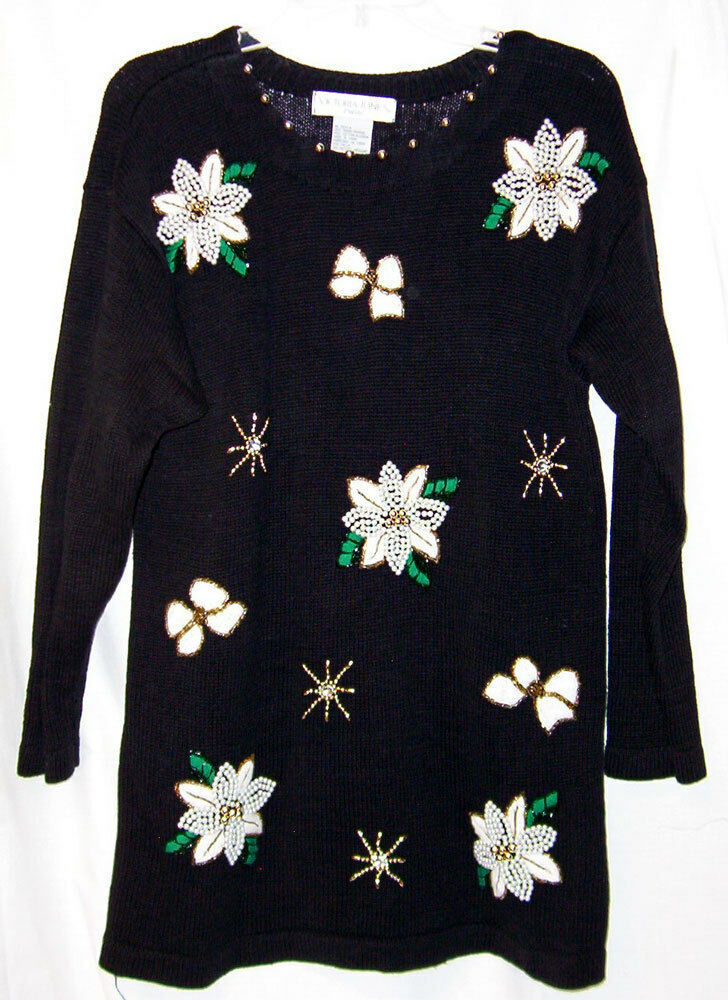 Primary image for VICTORIA JONES CHRISTMAS Sweater PM P M Black Beads White Poinsettia Bows Ugly