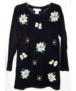 VICTORIA JONES CHRISTMAS Sweater PM P M Black Beads White Poinsettia Bow... - $19.00