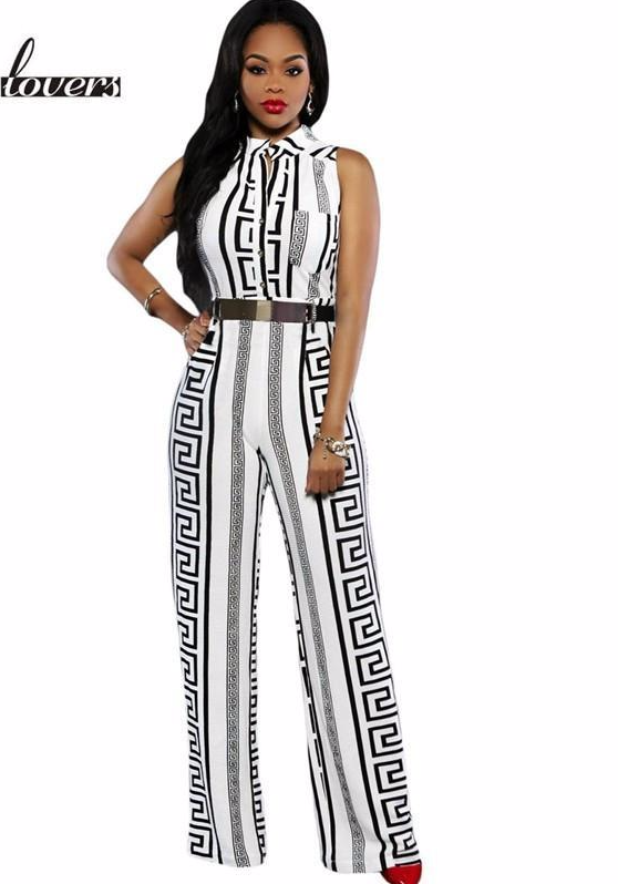 Women Black White Sleeveless Stripe Print wide leg pant Long Jumpsuit ...