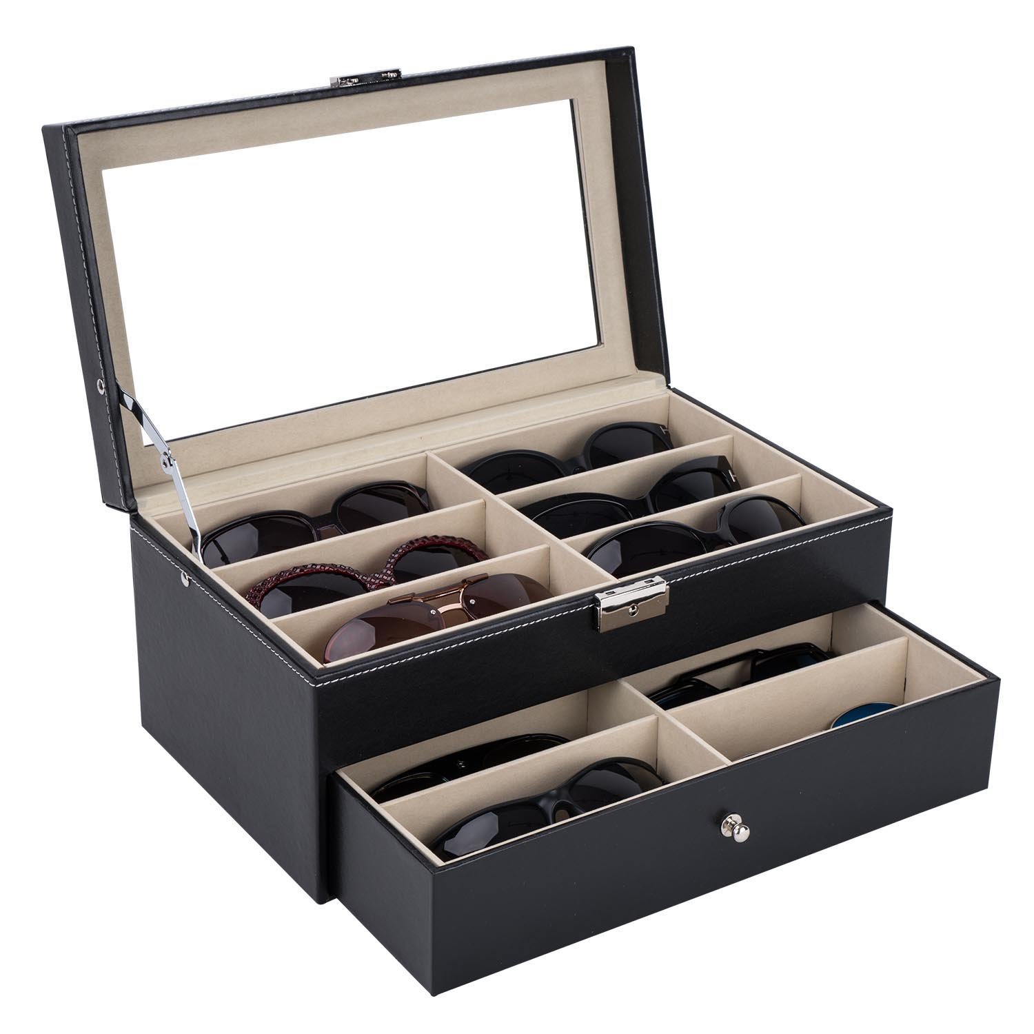 Sunglass Glasses Display Drawer Lockable Case Organizer Black Storage
