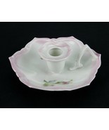 Glazed Porcelain Candlestick, Hand Painted Flowers, Pink Borders, Loop H... - $14.65