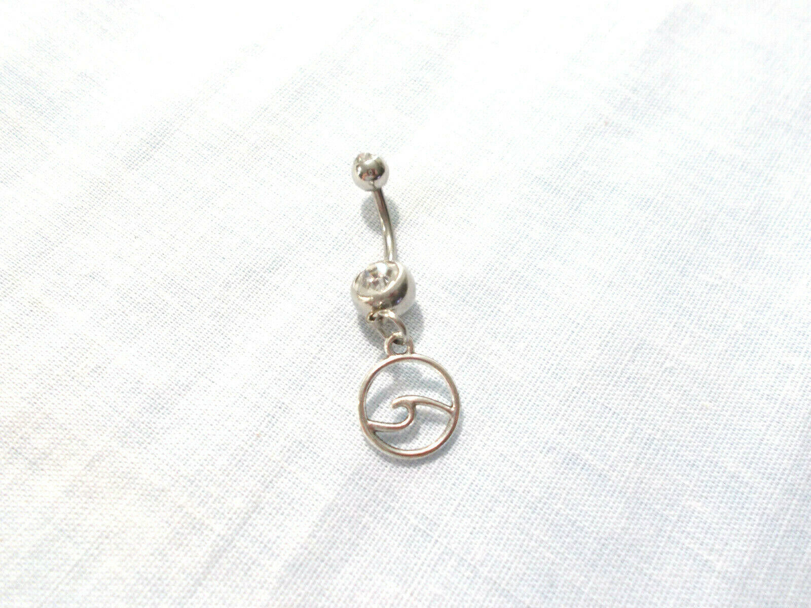 OCEAN WAVE ROUND WATER SYMBOL CHARM ON 14g CLEAR CZ BELLY RING BARBELL