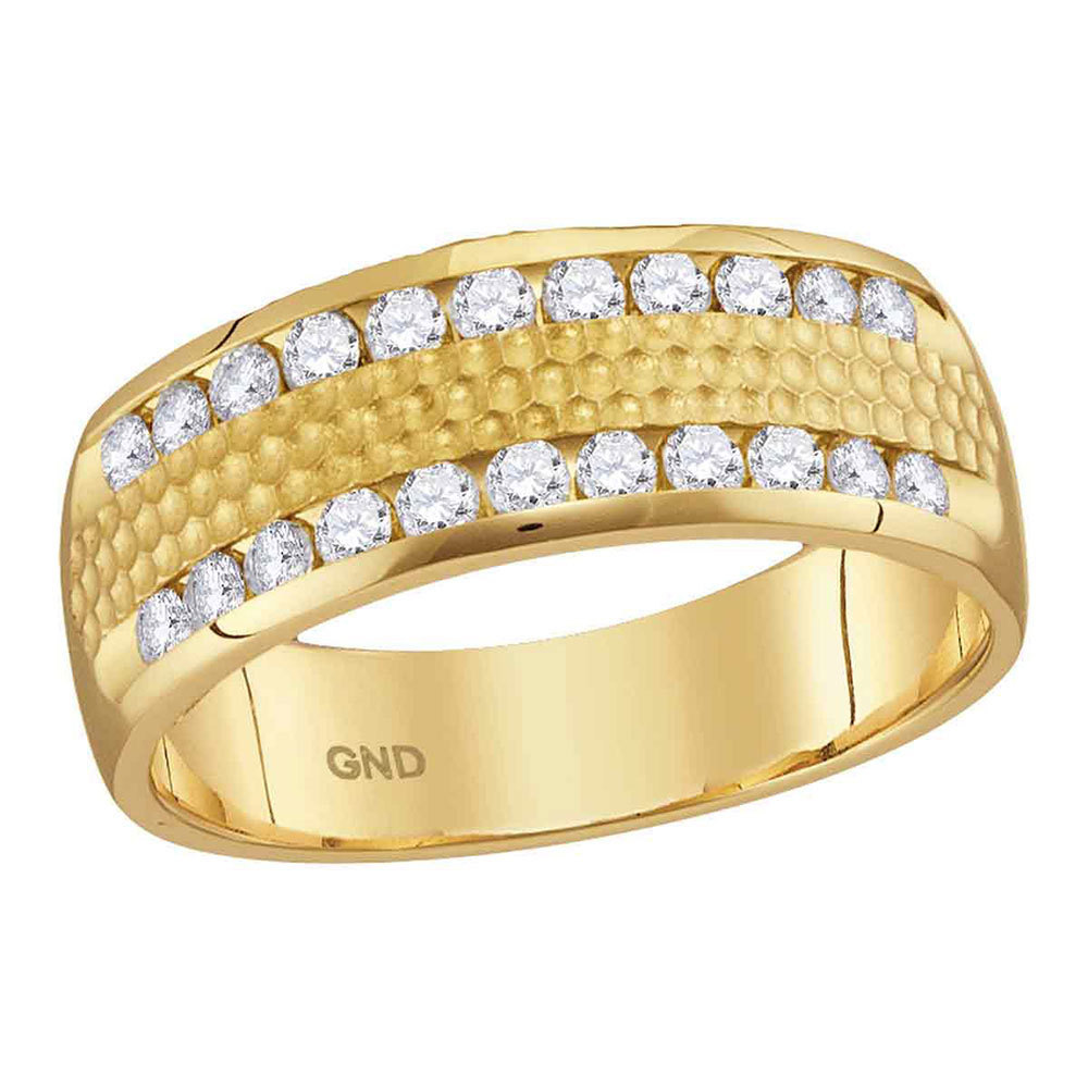 14kt Yellow Gold Mens Round Diamond Double Row Hammered