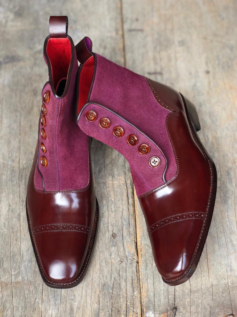 Men's Handmade Maroon & Purple Leather & Suede Boots, Men Casual Ankle High Boot
