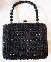 Ann Robin Vintage Black Straw Box Bag with Faceted Plastic Bead Handbag ... - $14.24