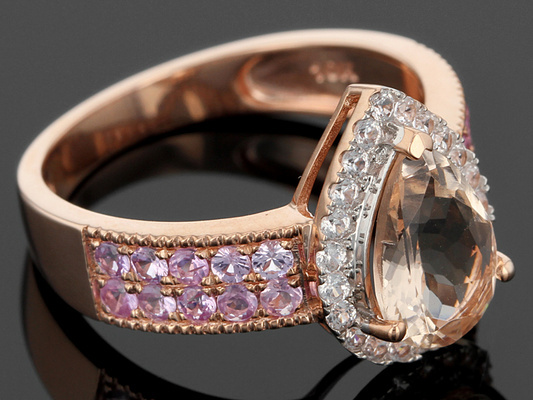 14K Rose Gold Over Silver Pear Morganite,Pink Sapphire & Dia Wedding Halo Ring