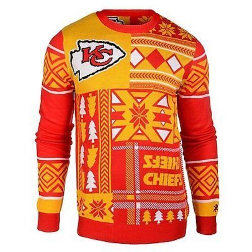 Image of Ugly Christmas Sweater Nfl Kansas City Chiefs Patches Football Xmas Crew Neck