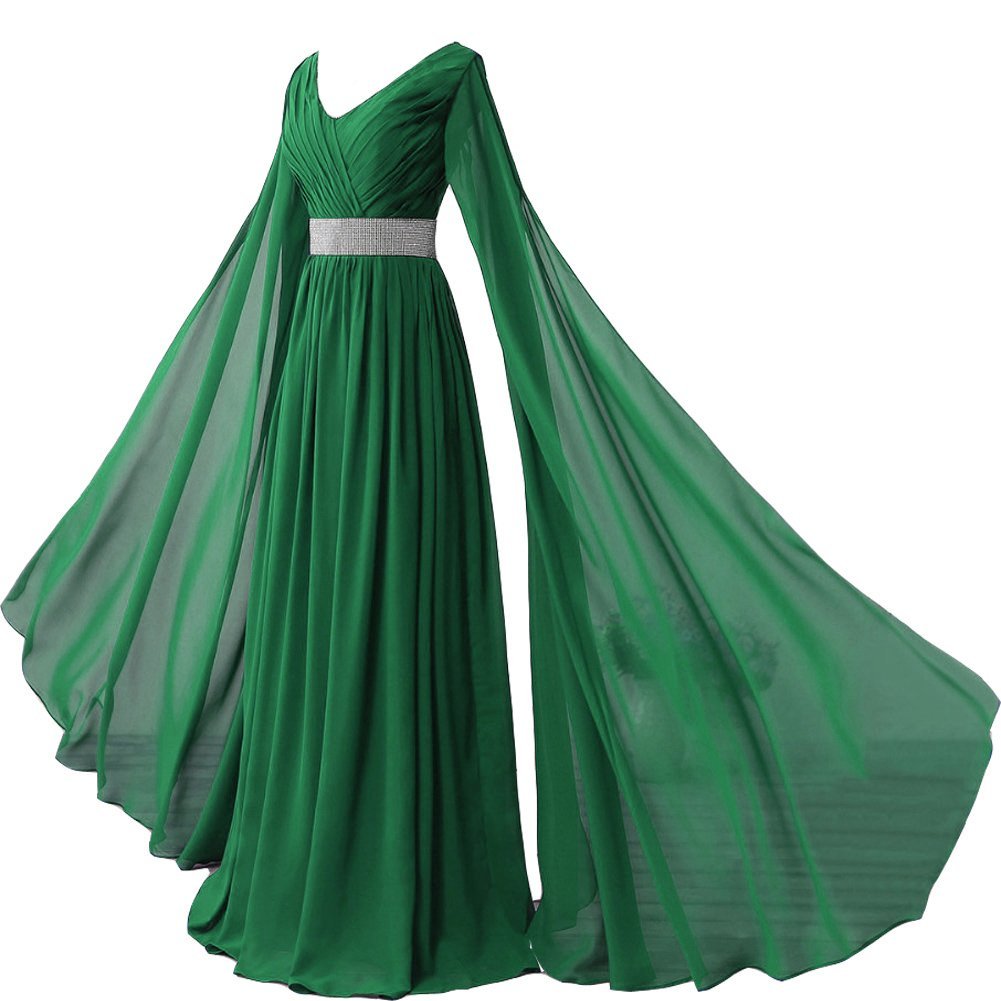 V Neck Long Sleeves Chiffon Formal Prom Vintage Evening Dresses Plus Size Green