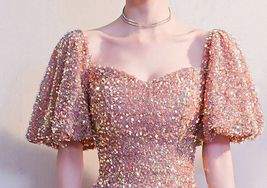 BLUSH PINK Sequin Midi Dress GOWNS Vintage Sleeved Wedding Party Sequin Dresses image 8