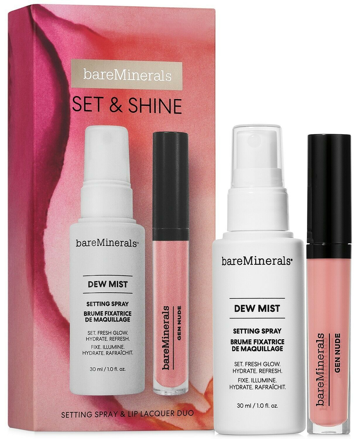 Primary image for BareMinerals Dew Mist Setting Spray Girl Boss Nude Pink Lip Lacquer Duo Set NEW