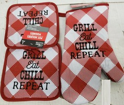 3pc Kitchen Set:2Potholders &amp; 1Oven Mitt,BBQ,GRILL,EAT,CHILL,REPEAT,grey... - $11.87