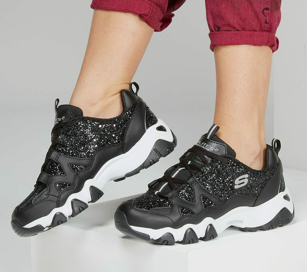 skechers black glitter memory foam trainers