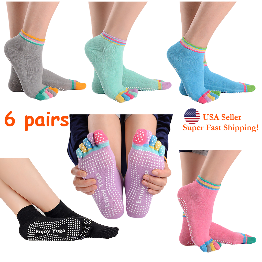 DH 5-Toe Rainbow Grip Socks for Yoga Pilates Barre Dance Non Slip Socks-6 Pairs