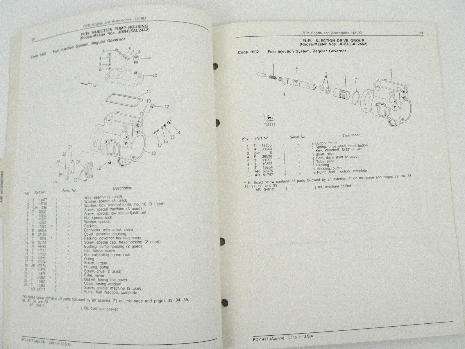 ... John Deere Service Parts List Catalog Manual 4219D OEM Engine & Accessories 1974