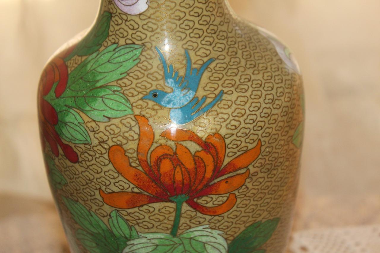 Antique Chinese Cloisonne Vase Blue Bird & Orange Flower Gold Accent 10