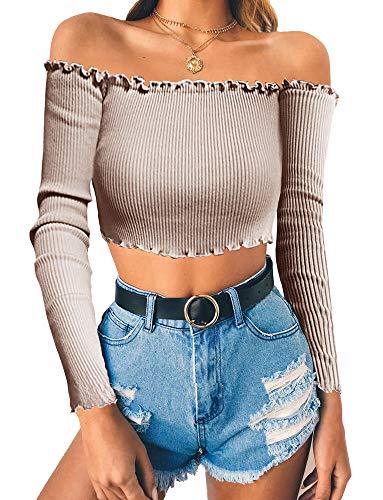 PRETTODAY Women's Sexy Off Shoulder Crop Tops 2 Colors Summer Long ...