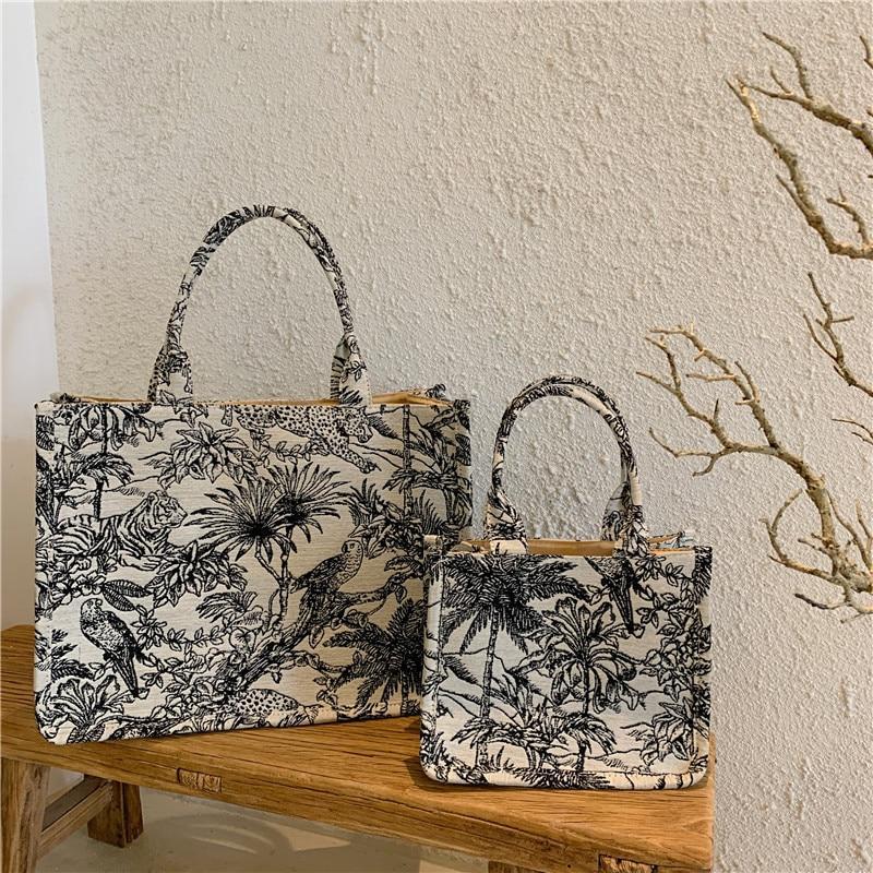 Casual Embroidery Canvas Handbag Women Large Capacity Handle Bag Simple Shoulder