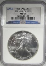 1991 American Silver Eagle NGC MS69 Set 1011 of 1500 Coin AK806 - £58.11 GBP