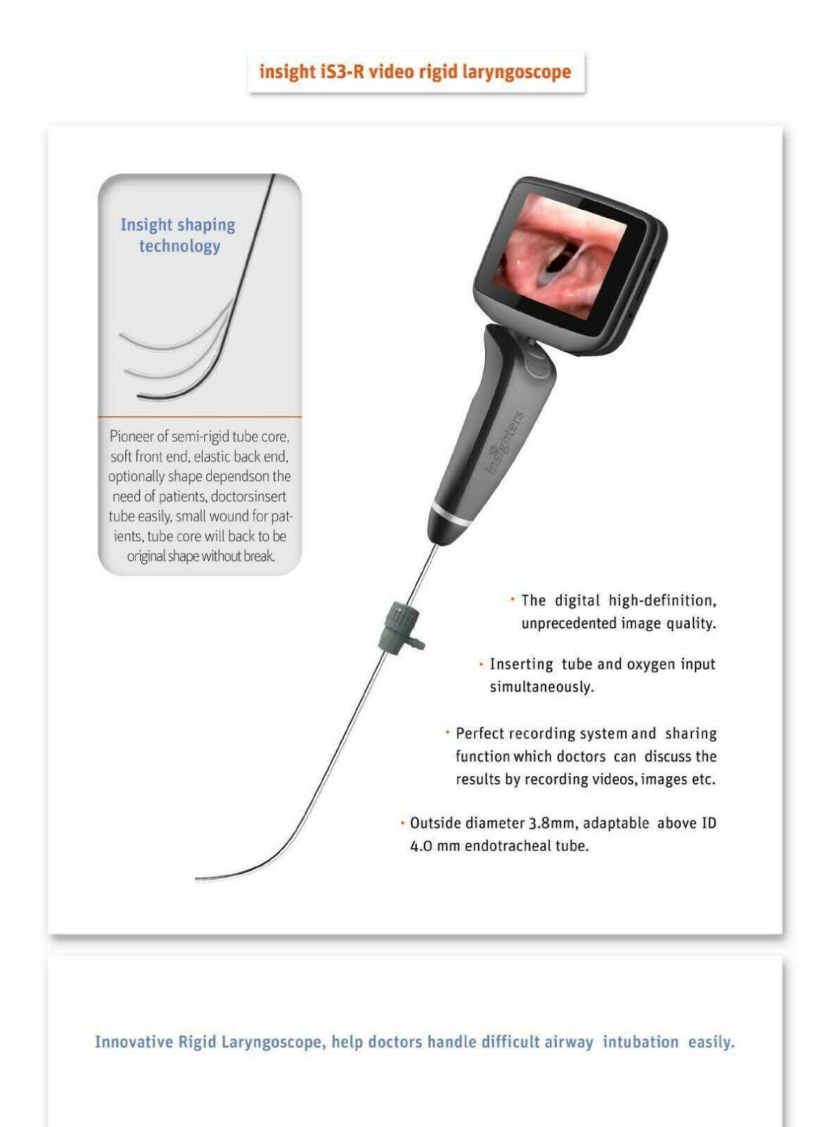 Insighters iS3R Video Rigid Laryngoscope Fast Airway Intubation HD FDA