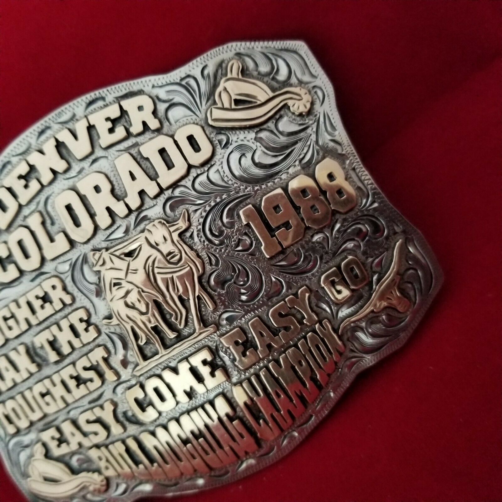 RODEO BUCKLE VINTAGE 1988 DENVER COLORADO BULLDOGGING CHAMPION Engraved ...