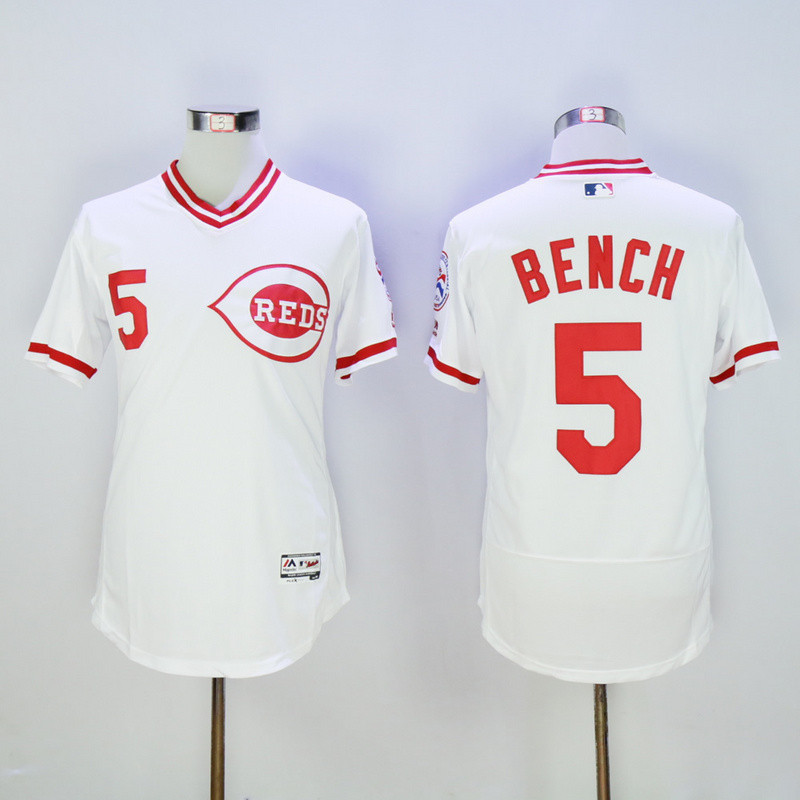 Men's Cincinnati Reds 5 Johnny Bench Jersey Sewn on White Flexbase
