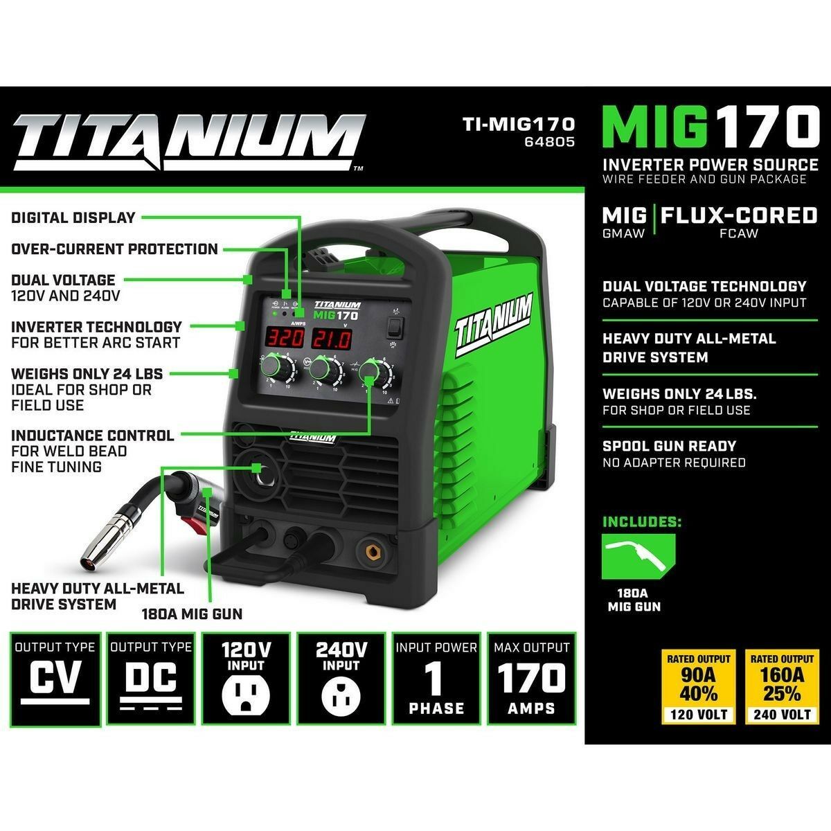 Titanium MIG 170 Professional Welder with 120/240 Volt Input MIG Welders