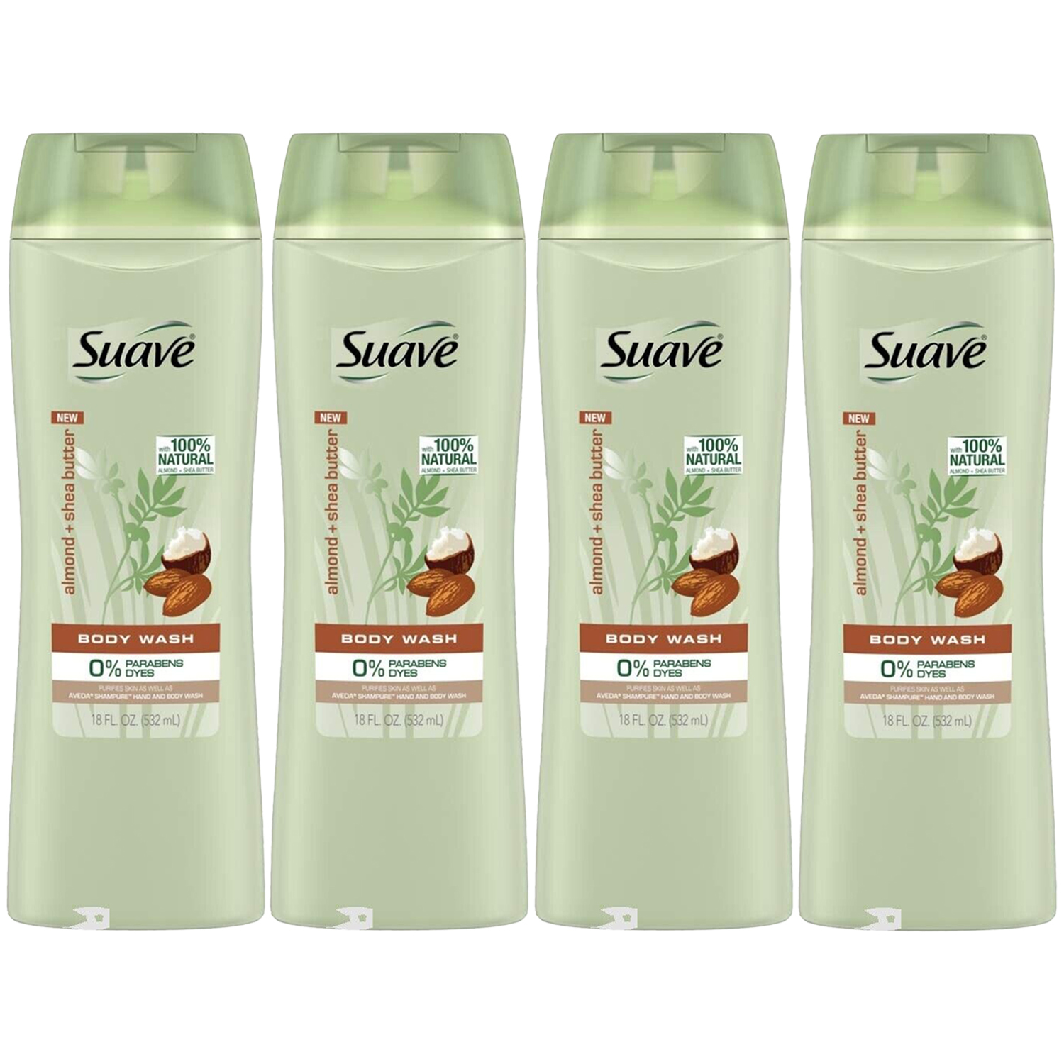 4-Pack New Suave 100% Natural Almond & Shea Butter Purifying Body Wash 18 oz