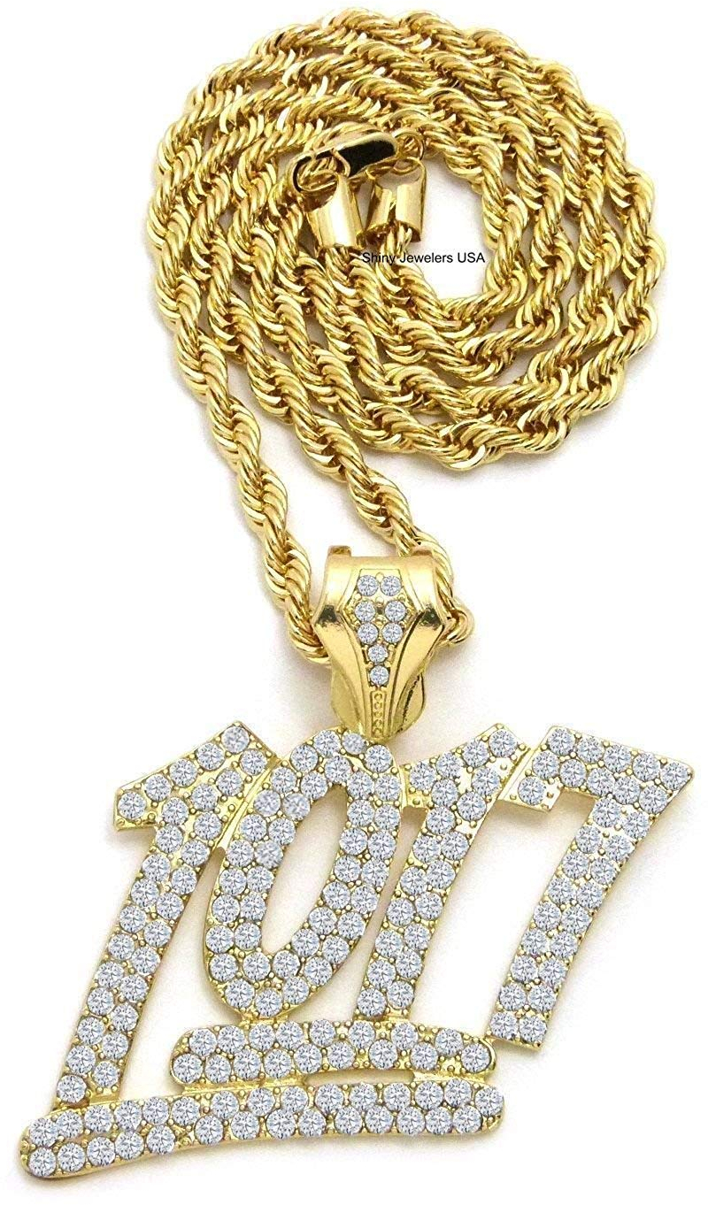 MENS LARGE ICED OUT NUMBER 1017 PENDANT 24' CUBAN, BOX, ROPE CHAIN ...