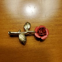 Vintage Red Rose Brooch, Gold Tone Metal Flower Lapel Pin, Floral Jewelry image 2