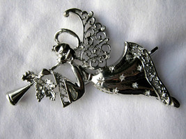 3.5" silver angel brooch with wings playing trumpet white crystals-
show orig... - $28.67