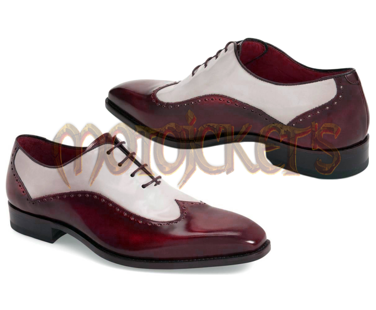 Handmade Two Tone wingtip Shoes, Spectator Dress Formal Burgundy, Men