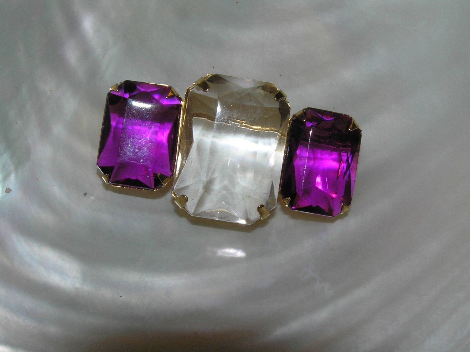 Estate Avon Marked Large Clear Paste Rhinestone Flanked by Two Purple Pin Brooch - $10.39