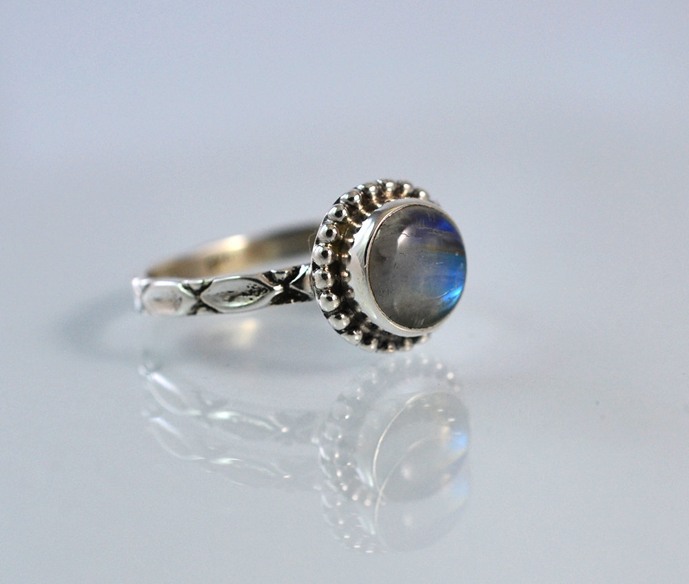 Blue Fire Rainbow Moonstone Ring, 925 Sterling Solid Silver,Handmade Silver Ring