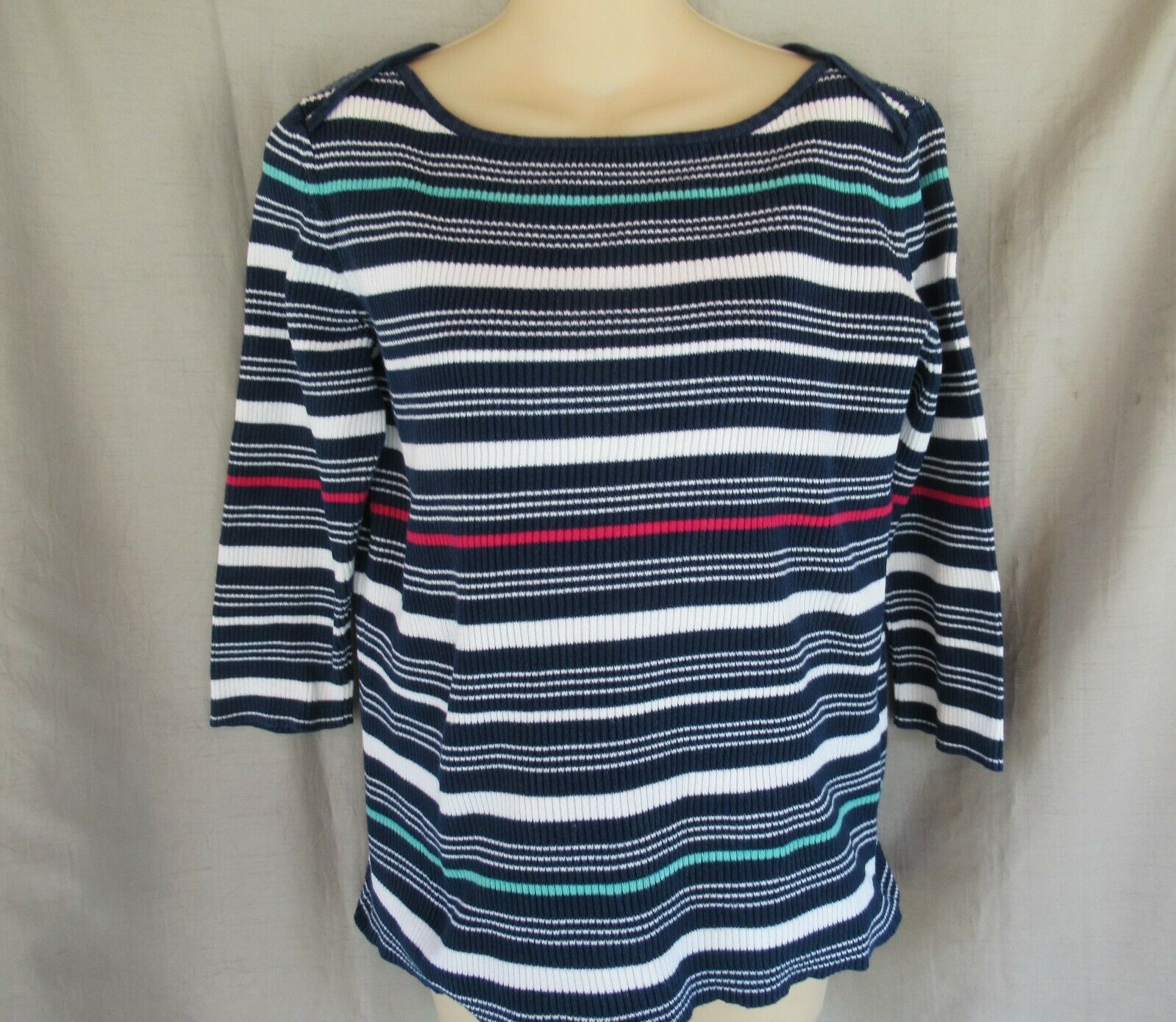 Liz Claiborne top knit Large navy multi stripes boat neck 3/4 sleeves ...