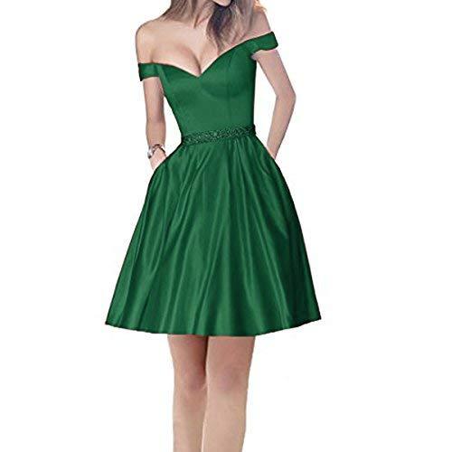 Off Shoulder Short Beaded Satin Corset Prom Party Homecoming Dresses Emerald Gre