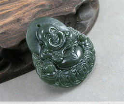 Free Shipping - good luck Amulet Hand carved Natural dark Green jade Laughing Bu - $25.99