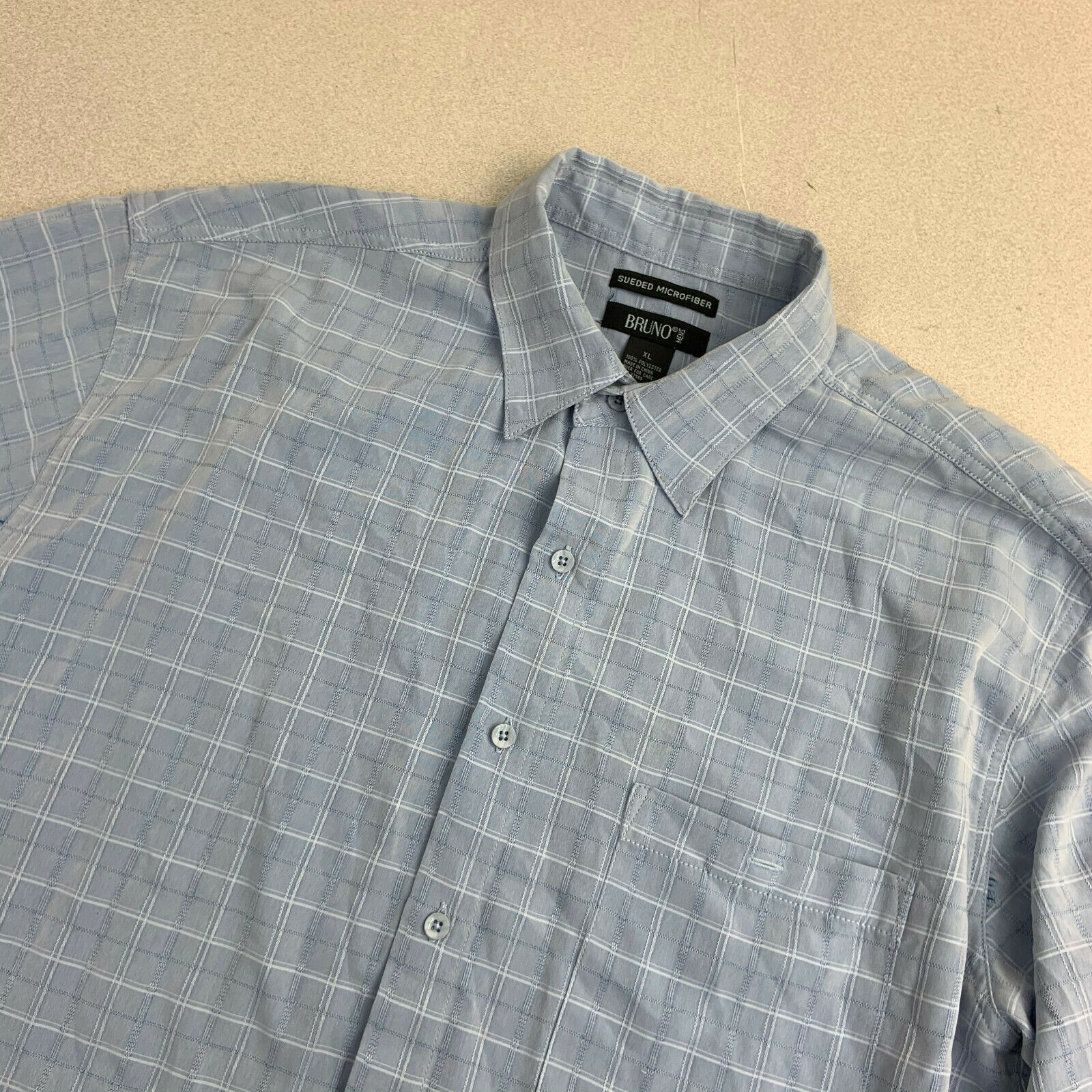 Bruno Sueded Microfiber Button Up Shirt Mens XL Short Sleeve Blue Check ...