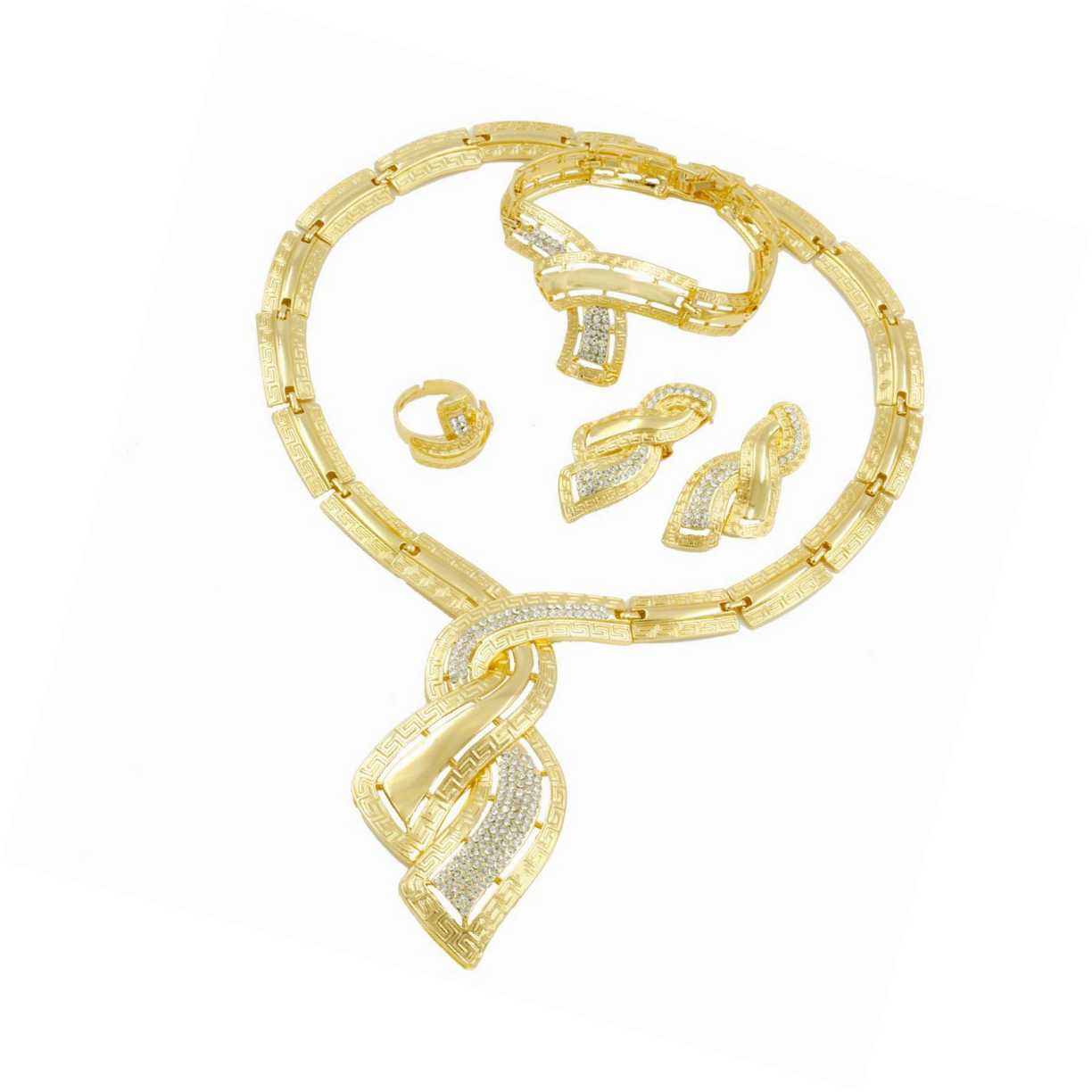 African Dubai Gold Nigerian Crystal Necklace Hoop Earrings Sets Wedding