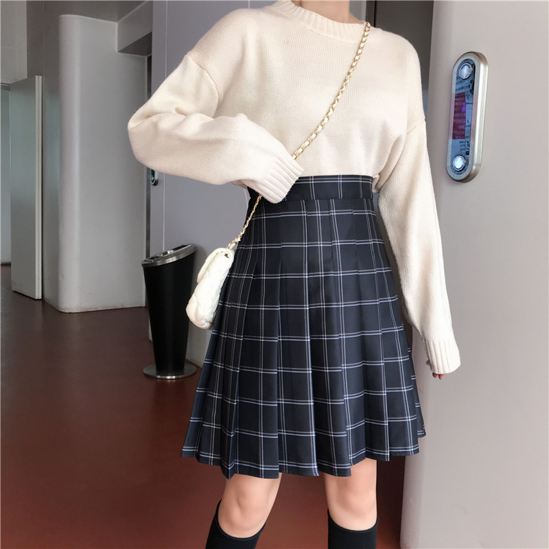 Knee Length Black Plaid Skirt School Girl Plus Size Knee Pleated PLAID ...