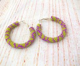 Yellow Purple Beaded Hoop Statement Post Drop Earrings Dangles for Women - $20.00