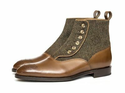 NEW Handmade 2 Tone Brown Ankle High Button boot, Men's Leather Tweed Fashion bo