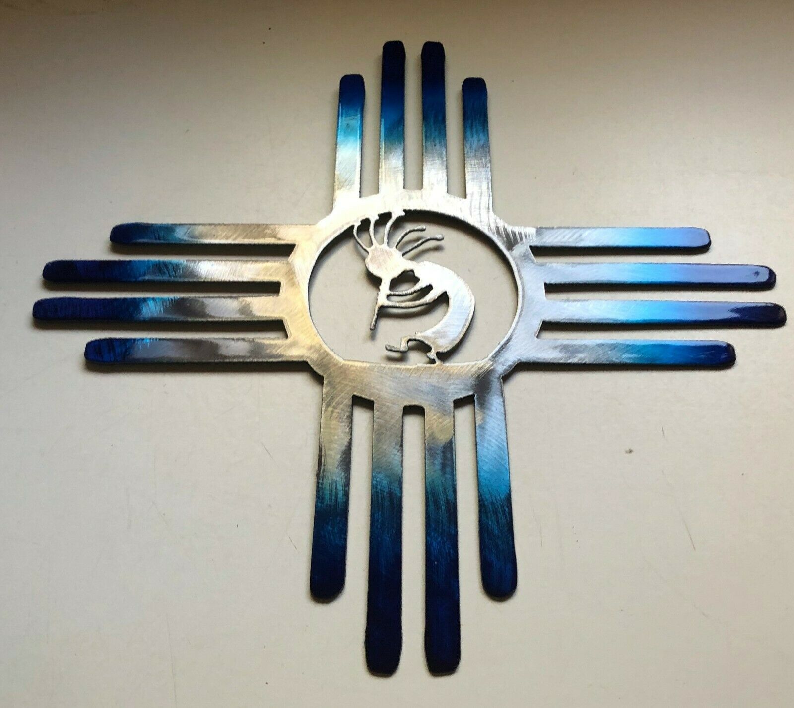 Southwestern Zia w/ Kokopelli - Metal Wall Art - Blue Tinged 24 ...