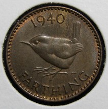 1940 UK Great Britain Farthing Wren Bird Coin - $2.99