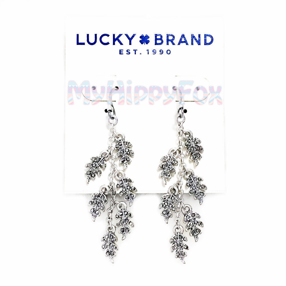 Lucky Brand Silver Tone Shiny Pave Stone Leaf Tassel Chandelier Earrings - $16.14