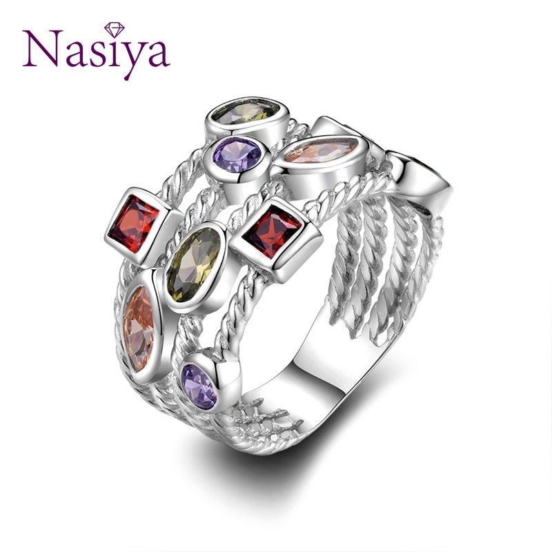 Nasiya 100% Genuine Silver 925 Jewelry Rings For Women Multiple Colorful Gemston